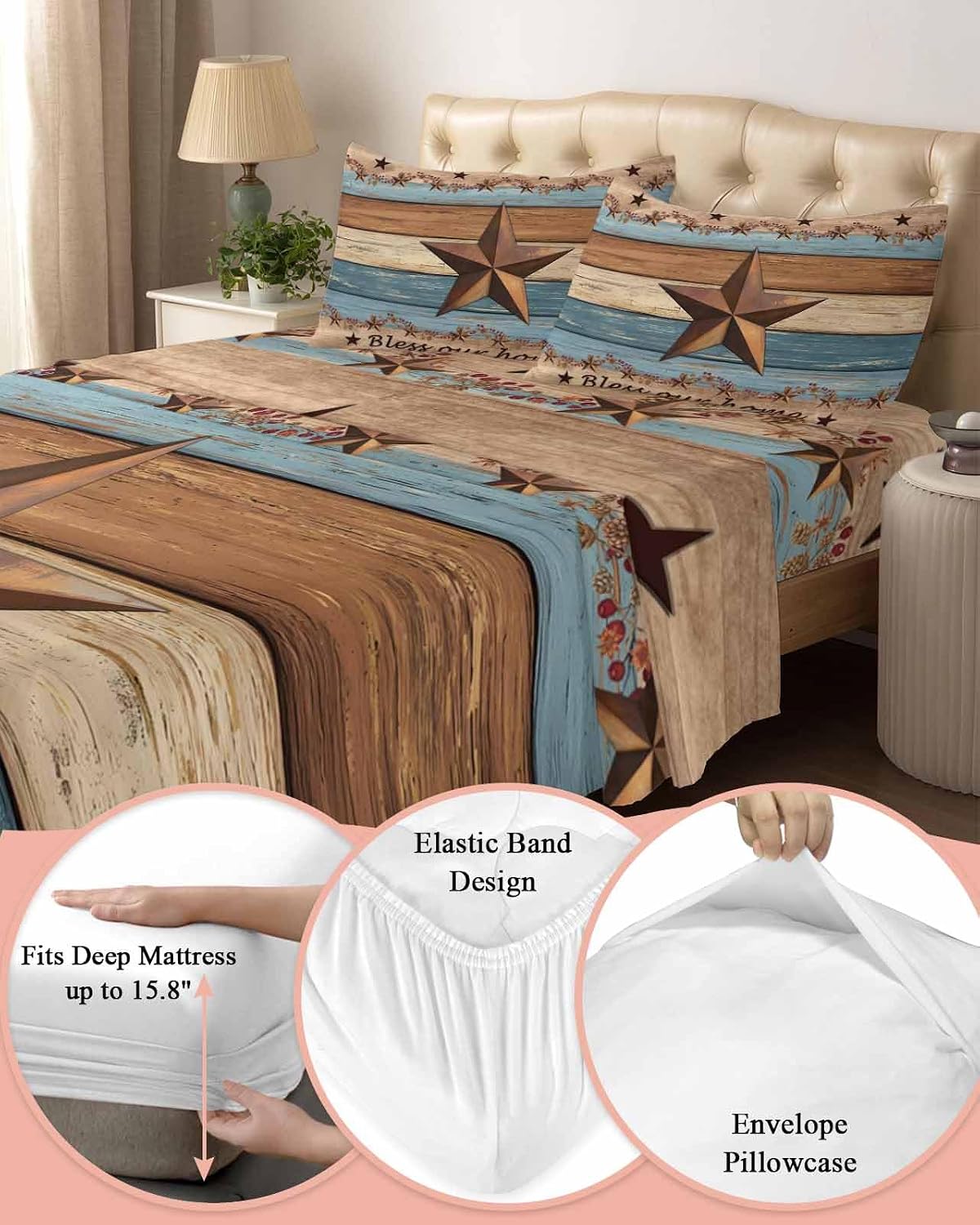 Western Texas Star Retro Cal King Sheet Set 4 Piece Bedding - Vintage Farmhouse Blue Brown Wood Grain Breathable Comfy Cooling Bed Sheets & Pillowcase Sets, Hotel Flat Sheets Deep Pockets Fitted Sheet