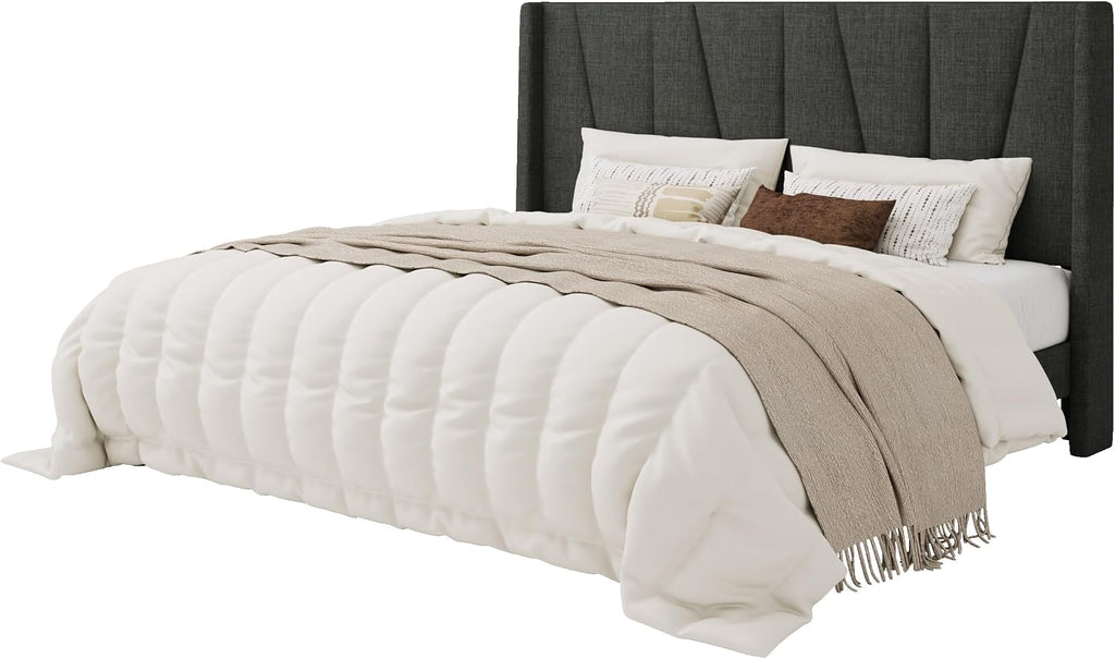 SHA CERLIN King Size Bed Frame with Geometric Wingback Headboard, Upholstered Platform Bed with, 8' Under-Bed Space, No Box Spring Needed, Easy Assembly, Grey