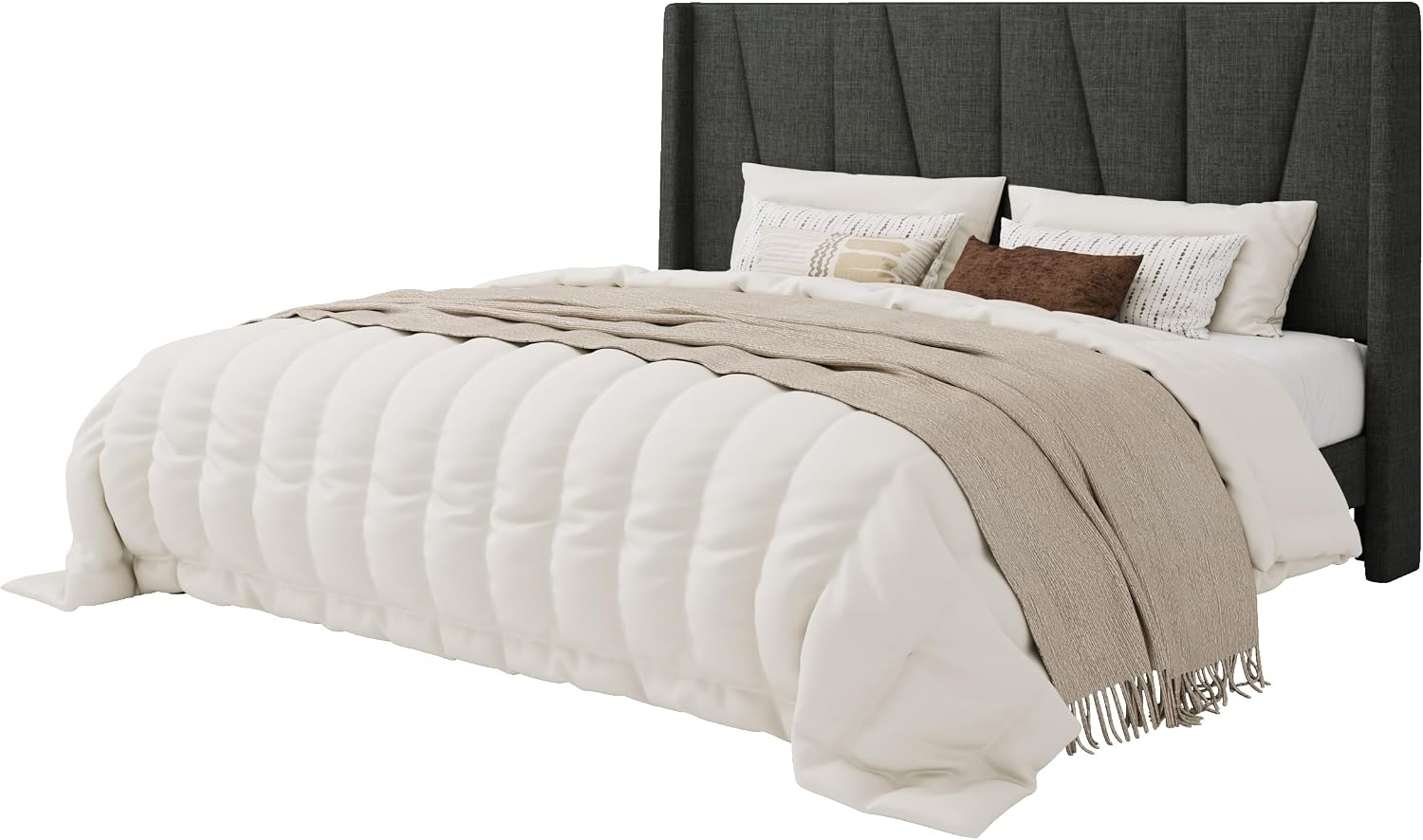 SHA CERLIN King Size Bed Frame with Geometric Wingback Headboard, Upholstered Platform Bed with, 8' Under-Bed Space, No Box Spring Needed, Easy Assembly, Grey