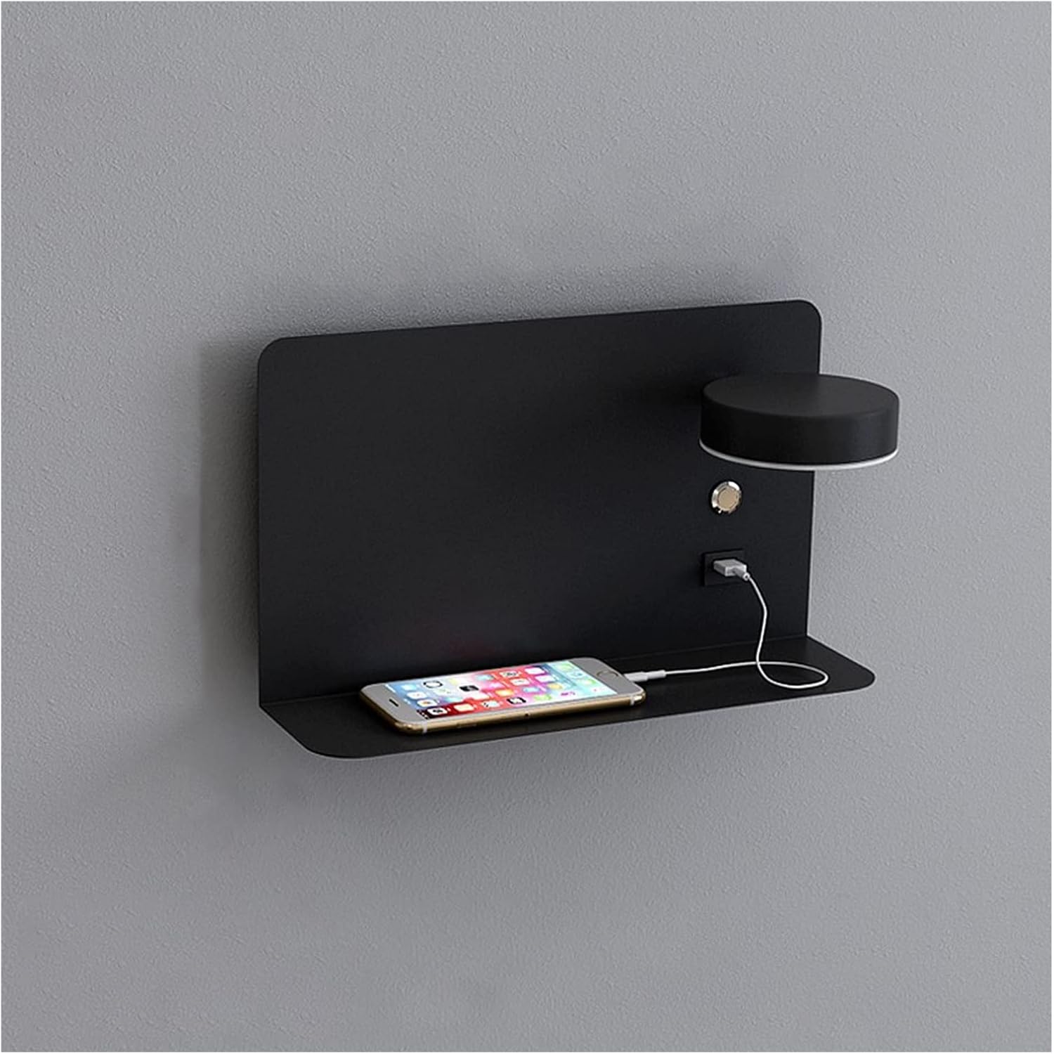 USB Charging Wall Sconces, Dimmable Wall Lamp Fixture with Phone Holder Shelf, 350° Rotation Wall Light with Button On/Off Switch, 12W Rotatable Wall Mount Lighting(Black,Large)