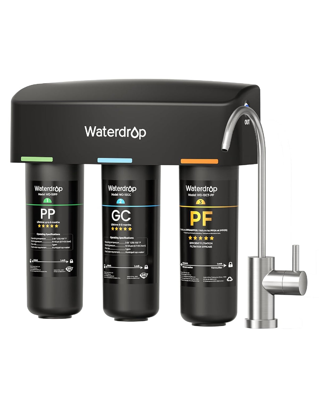 Waterdrop TSB-PF Under Sink Water Filter, Reduces 80+ Impurities-PFAS, Chlorine, Chloramine, Fluoride, Taste&Odor, VOCs, Chloroform, 9 Layer Under Sink Water Filtration System,with A Separate Faucet