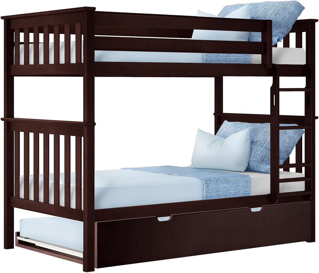 Max & Lily Bunk Bed, Twin-Over-Twin Wood Bed Frame For Kids With Trundle, Espresso