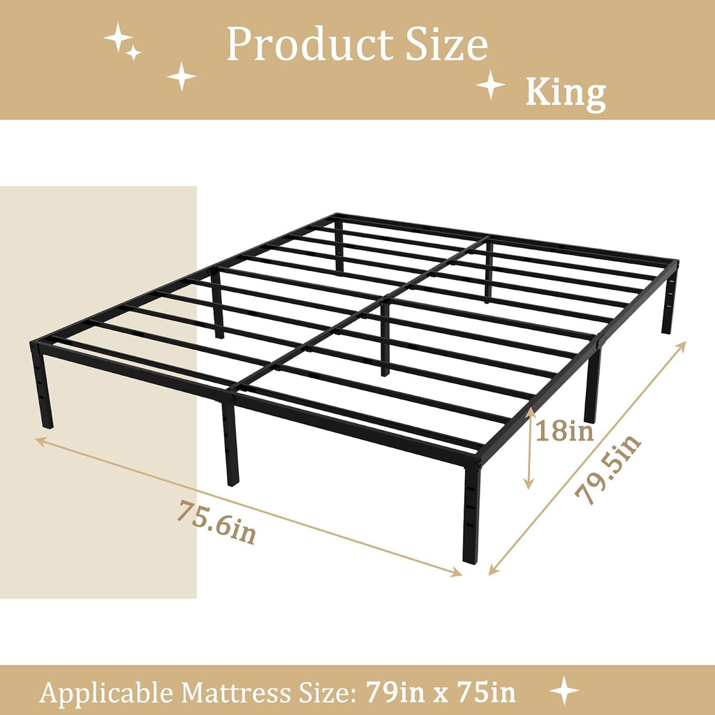 King 18 Inch Metal Platform Bed Frame,Heavy Duty,Metal,No Box Spring Needed,Underbed Storage,Easy Assembly,Noise Free,Minimalism,Non-Slip,Bedroom,Kids,Boys,Girls,Black