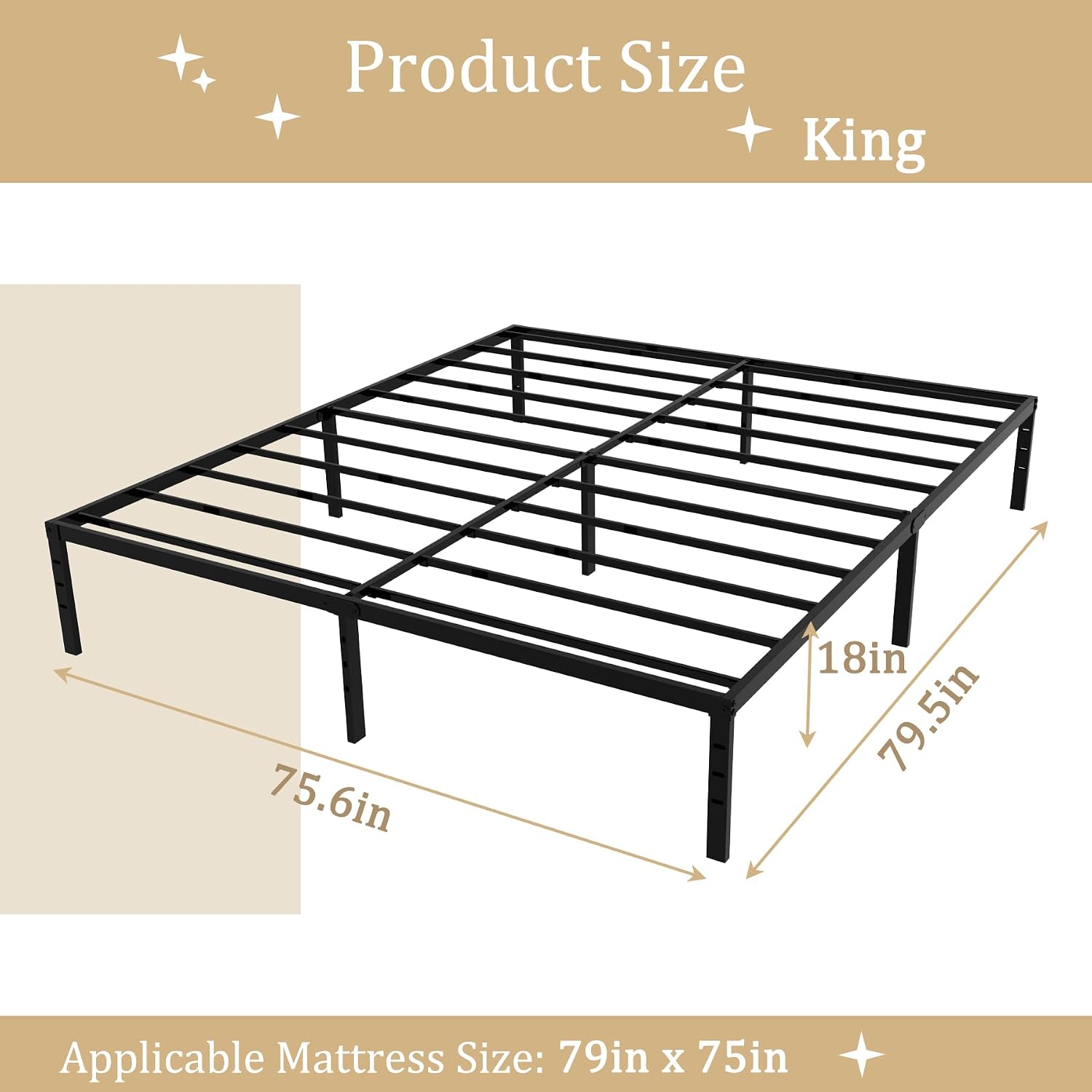 King 18 Inch Metal Platform Bed Frame,Heavy Duty,Metal,No Box Spring Needed,Underbed Storage,Easy Assembly,Noise Free,Minimalism,Non-Slip,Bedroom,Kids,Boys,Girls,Black