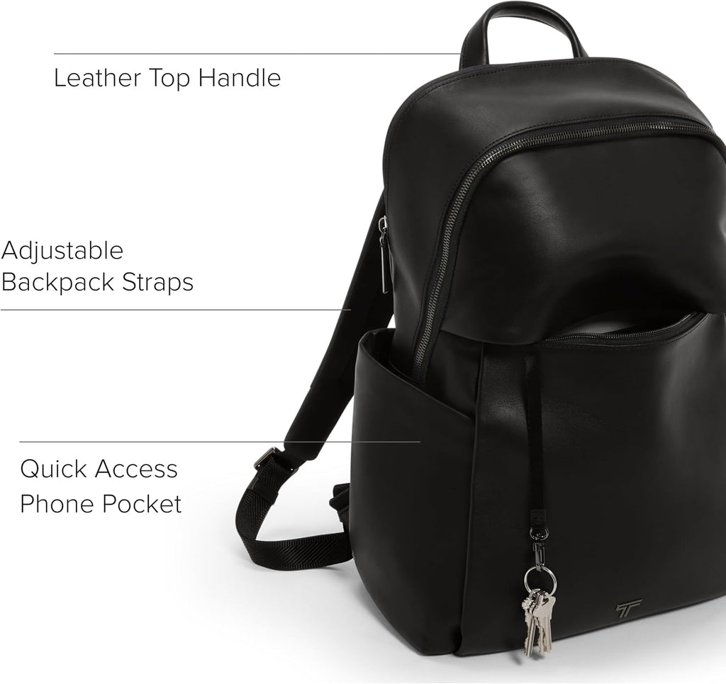 TUMI - Voyageur Raina Backpack - Women's Premium Leather Backpack - Everyday Bag with Phone Pocket & Laptop Compartment - Black, Gunmetal Hardware