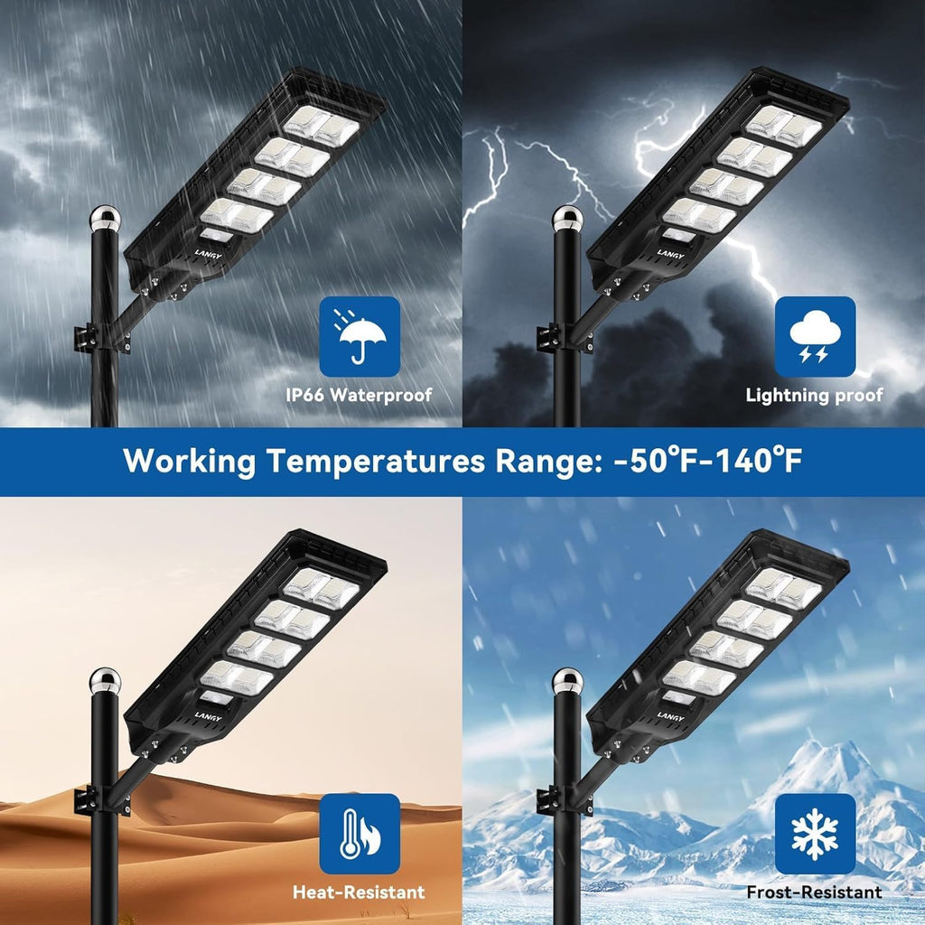 LANGY 2PACK Solar Street Lights Outdoor Lamp 200000 lumens with Remote Control,Dusk to Dawn Motion Sensor,IP66 Waterproof Solar Powered Outdoor Lamp for Parking Lots,Yard,Barn Basketball Court