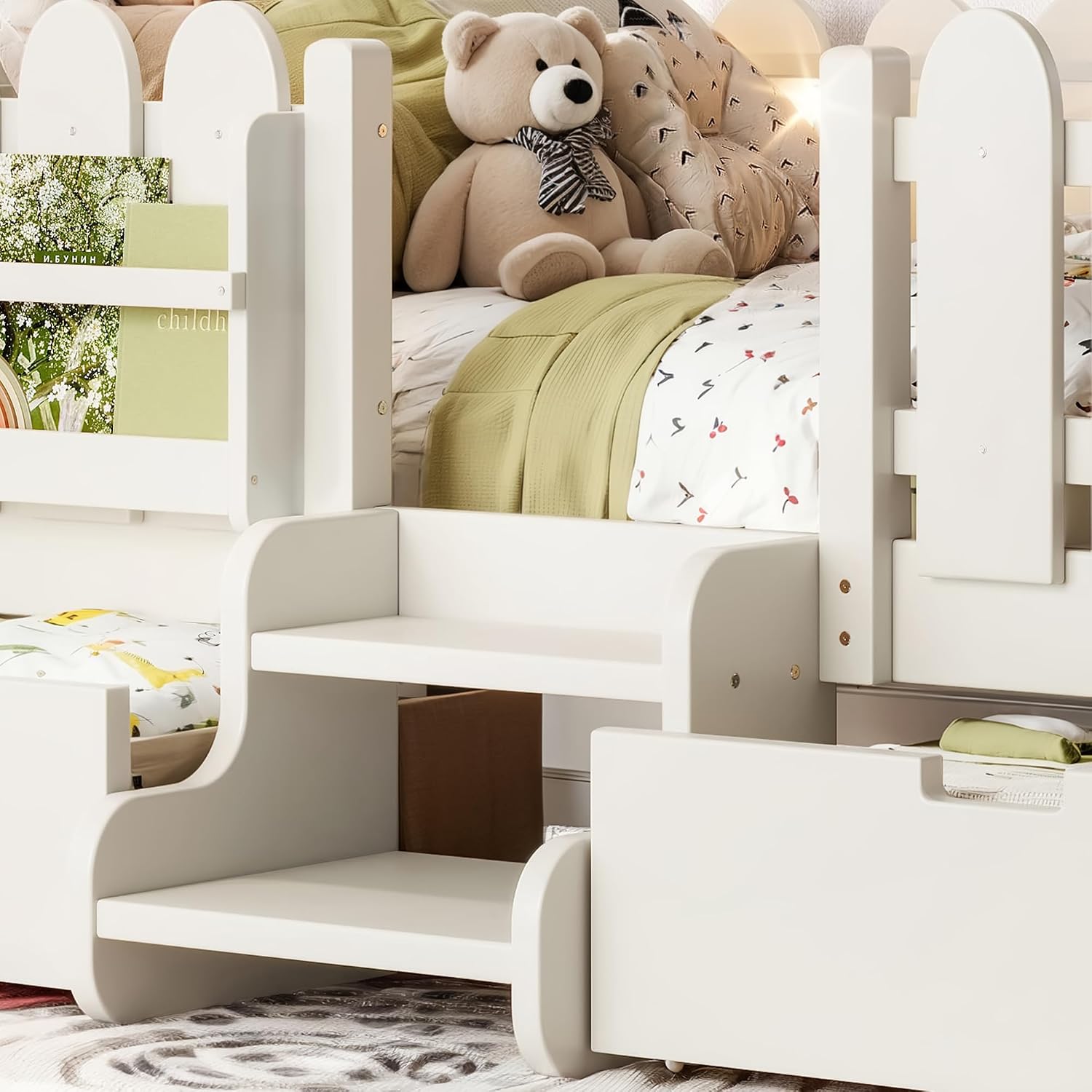 Bellemave Twin Kids Montessori Bed with Stairs, Bookshelf and LED Lights, Solid Wood Kids Bed Frame with Storage Drawers for Boys Girls, Low Profile,Beige