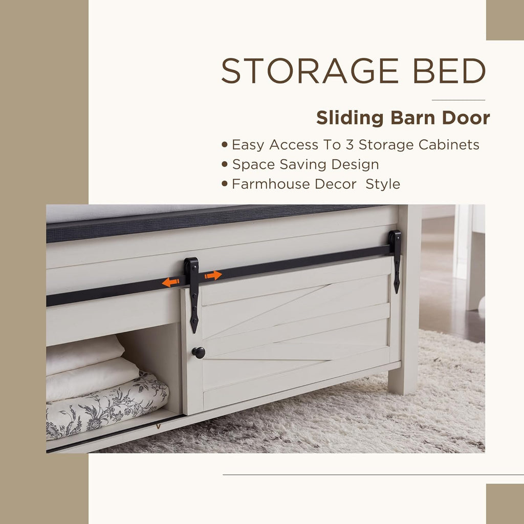 JXQTLINGMU Farmhouse Wood Bed Frame King Size with Sliding Barn Door Storage Cabinets and Headboard, Solid Wood Slats Support, Noiseless, No Box Spring Needed, Antique White