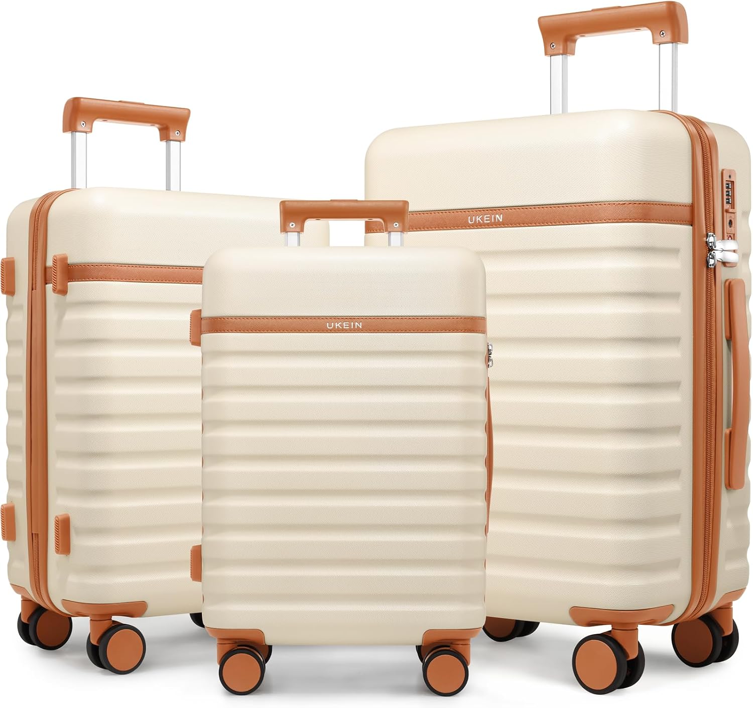 UKEIN Luggage Sets 3 Piece, PC Hardside Carry On Luggage 20 Inch With Spinner Wheels with TSA Lock, Carry On Suitcase Set With Travel Backpack for Men (Beige, 3 piece set (20/24/28inch))