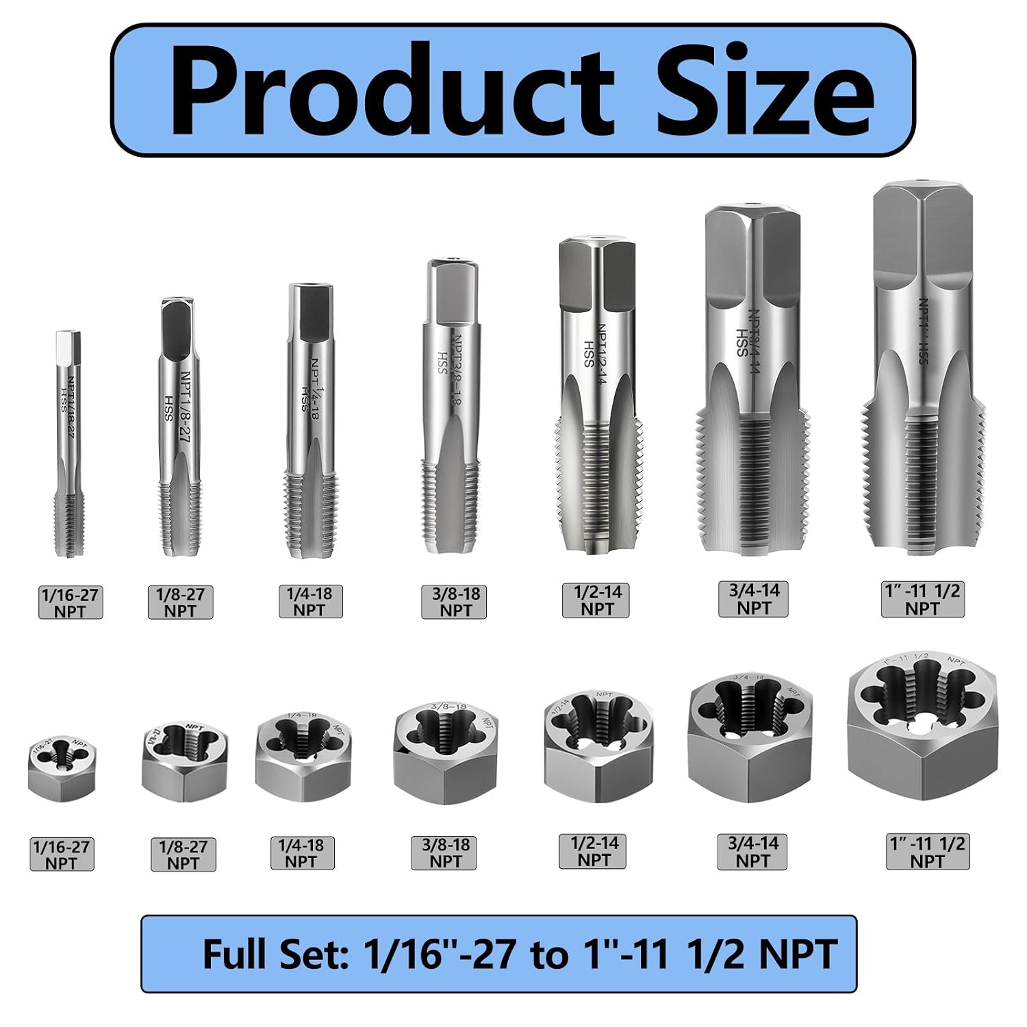 NPT Tap and Die Set, 14 Pcs 1/8' to 1' Pipe Threading Cutting Tool Rethreading High-Speed Steel Taper Taps and Carbon Steel Hex Dies with Storage Case for Thread Repair and Cutting