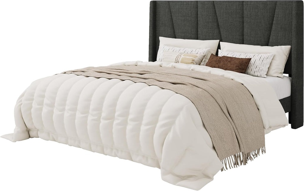 SHA CERLIN Queen Size Bed Frame with Geometric Wingback Headboard, Upholstered Platform Bed with Wooden Slats Support, 8' Under-Bed Space, No Box Spring Needed, Easy Assembly, Grey