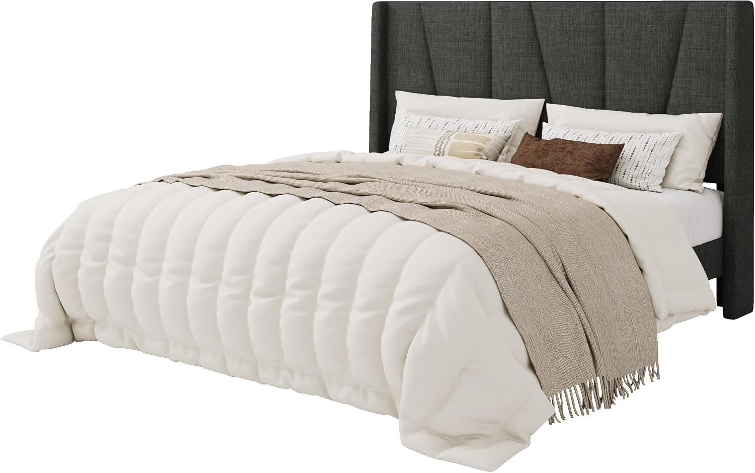 SHA CERLIN Queen Size Bed Frame with Geometric Wingback Headboard, Upholstered Platform Bed with Wooden Slats Support, 8' Under-Bed Space, No Box Spring Needed, Easy Assembly, Grey