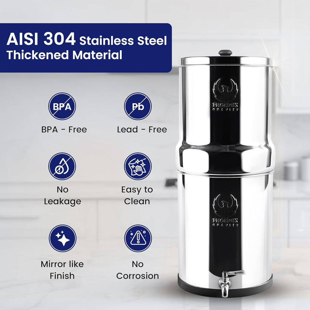 2.25 G Gravity Water Filter System | Dual Carbon Filtration | NSF/ANSI 42 & 372 Certified | Removes 99.9% Lead, PFAS, Chlorine & 200+ Contaminants | Countertop Stainless Steel Water Filter | Portable