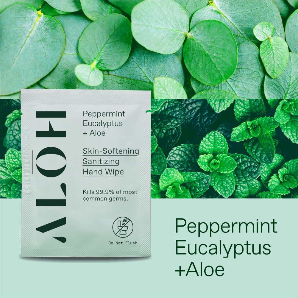 ALŌH Skin - Softening Sanitizing Hand Wipes – Peppermint Eucalyptus + Aloe - 1 Box of 500ct Individually Wrapped Wipes