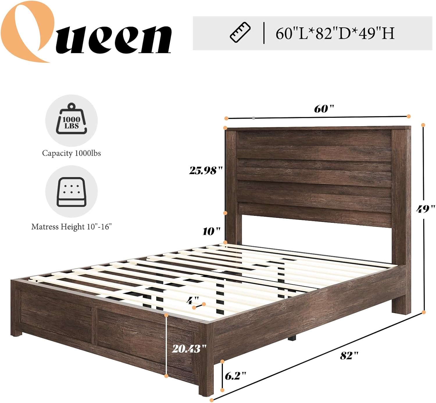 AMERLIFE Farmhouse Queen Size Bed Frame with 49' Fluted Headboard, Wood Platform Bed with Natural Grain, No Box Spring Needed, Noise Free, Grey