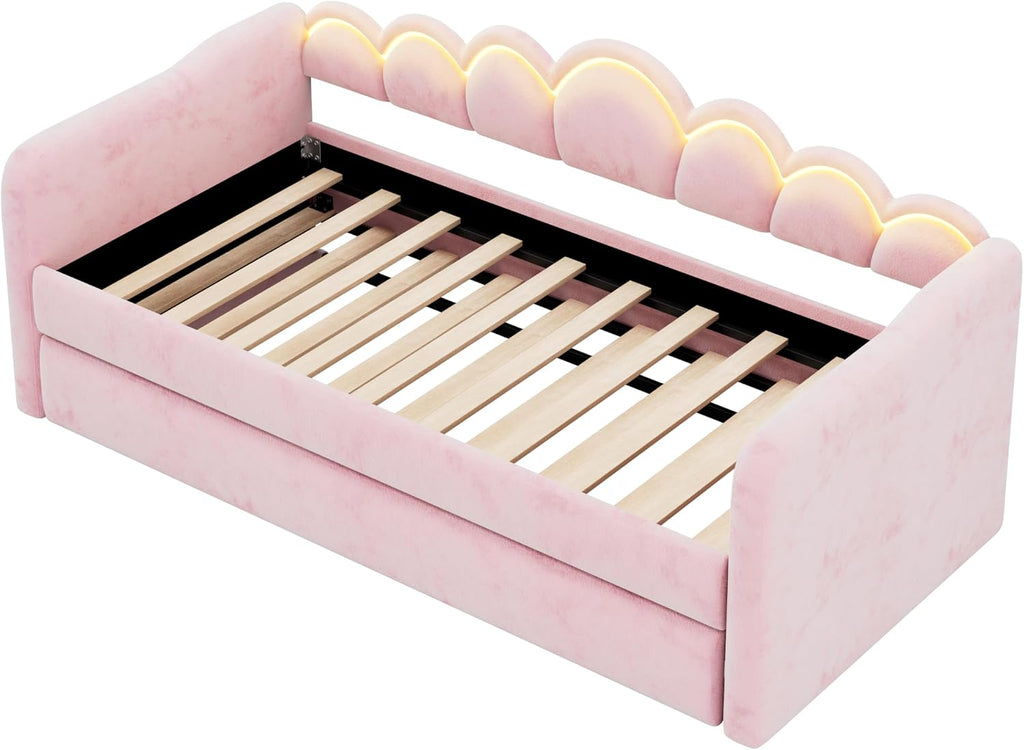 LUMISOL Upholstery Daybed with Trundle, Twin XL Upholstered Daybed with LED Light, Tufted Corner Sofa Bed Furniture for Bedroom Guest Living Room, Pink