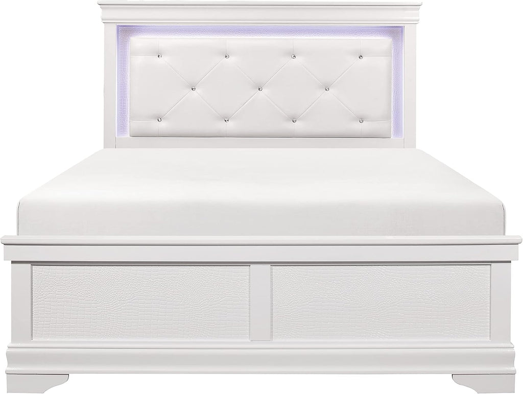 Glam 3pc Bedroom Set White Finish Queen Size LED Light Bed and Two Nightstands Alligator Texture Wooden Furniture