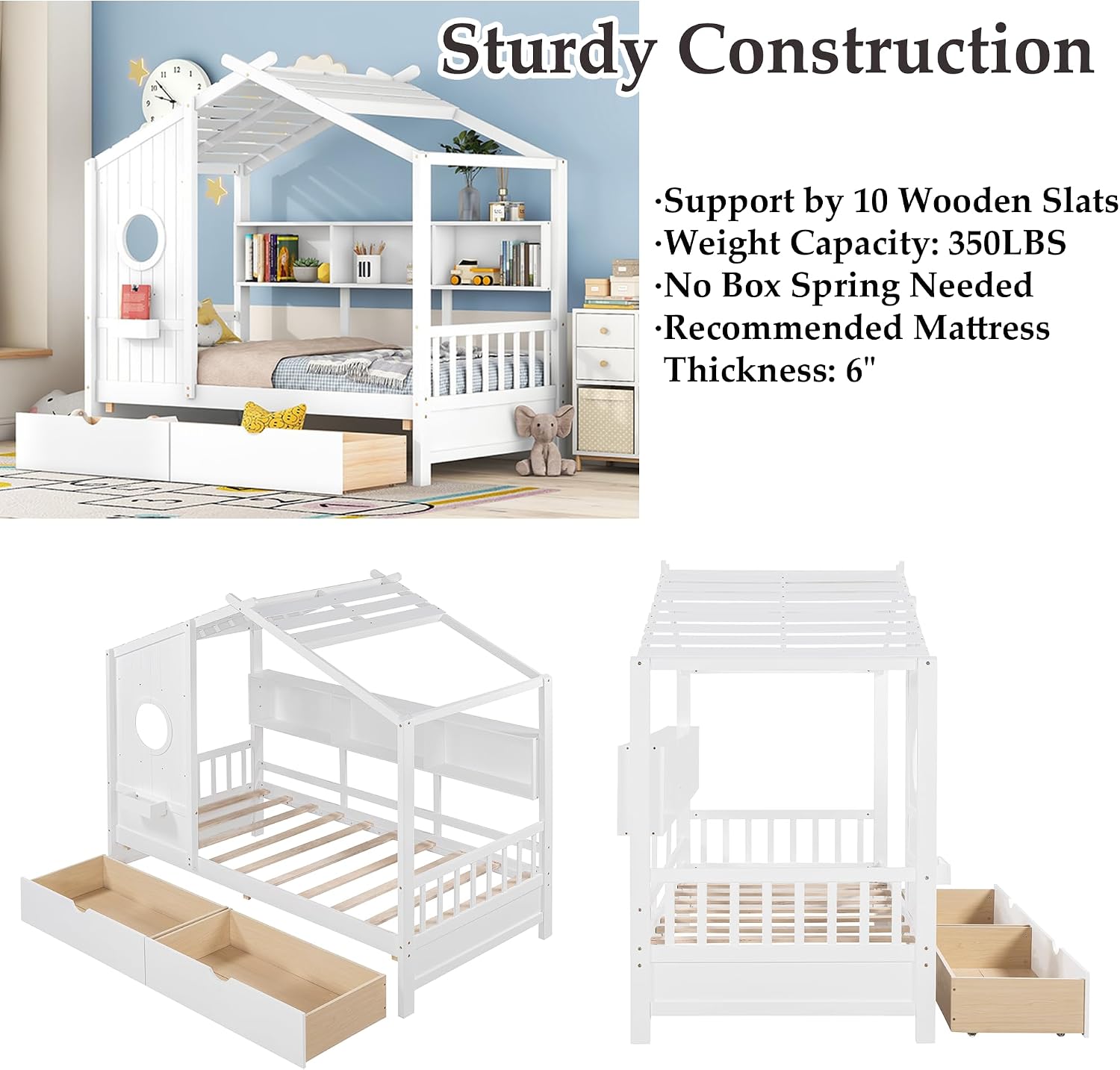 Twin Size Montessori Floor Bed with Roof & Window,Kids House Bed with 2 Drawers & Storage Shelf,Cute Playhouse Bed Frame for Kids,Wooden House Bed Frame No Box Spring Needed,Can be Decorated,White