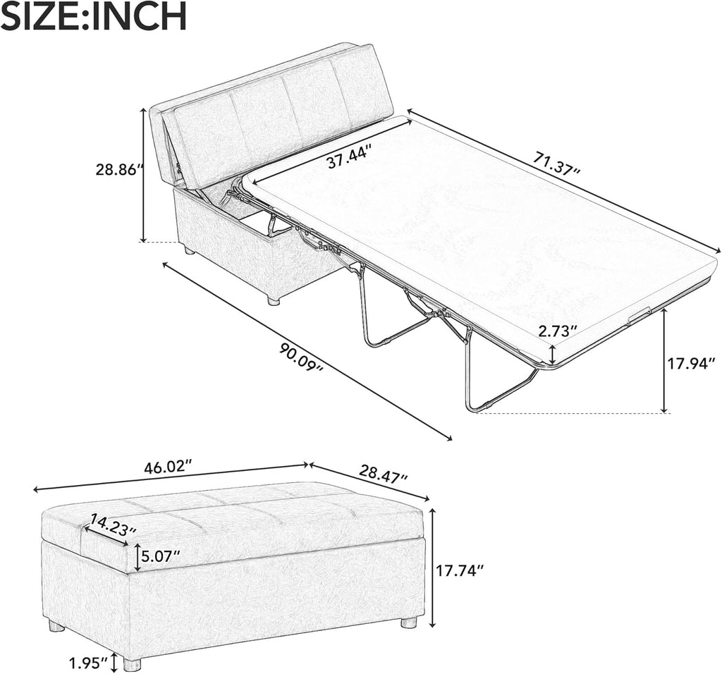 Folding Ottoman Sleeper Bed with Foldable Foam Mattress, Faux Leather Upholstered with Pull Out Bed and Steel Frame Base, Twin Size, for Living Room Bedroom Office (White Chenille)