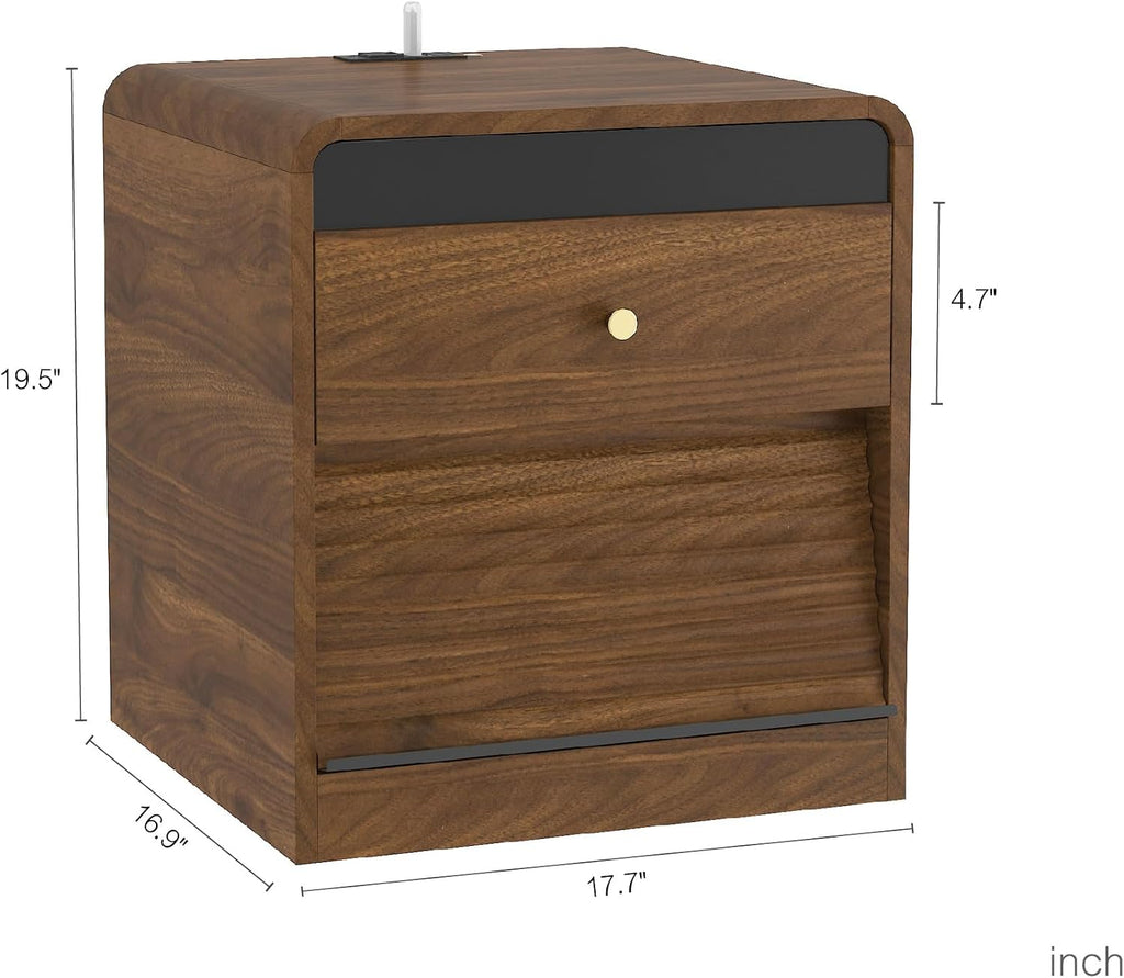 Smart Nightstand with Charging Station – Bedside Table with Voice-Controlled LED Night Light, 1 AC Outlet + 2 USB Ports, Ample Storage Cabinet for Bedroom(Wood)