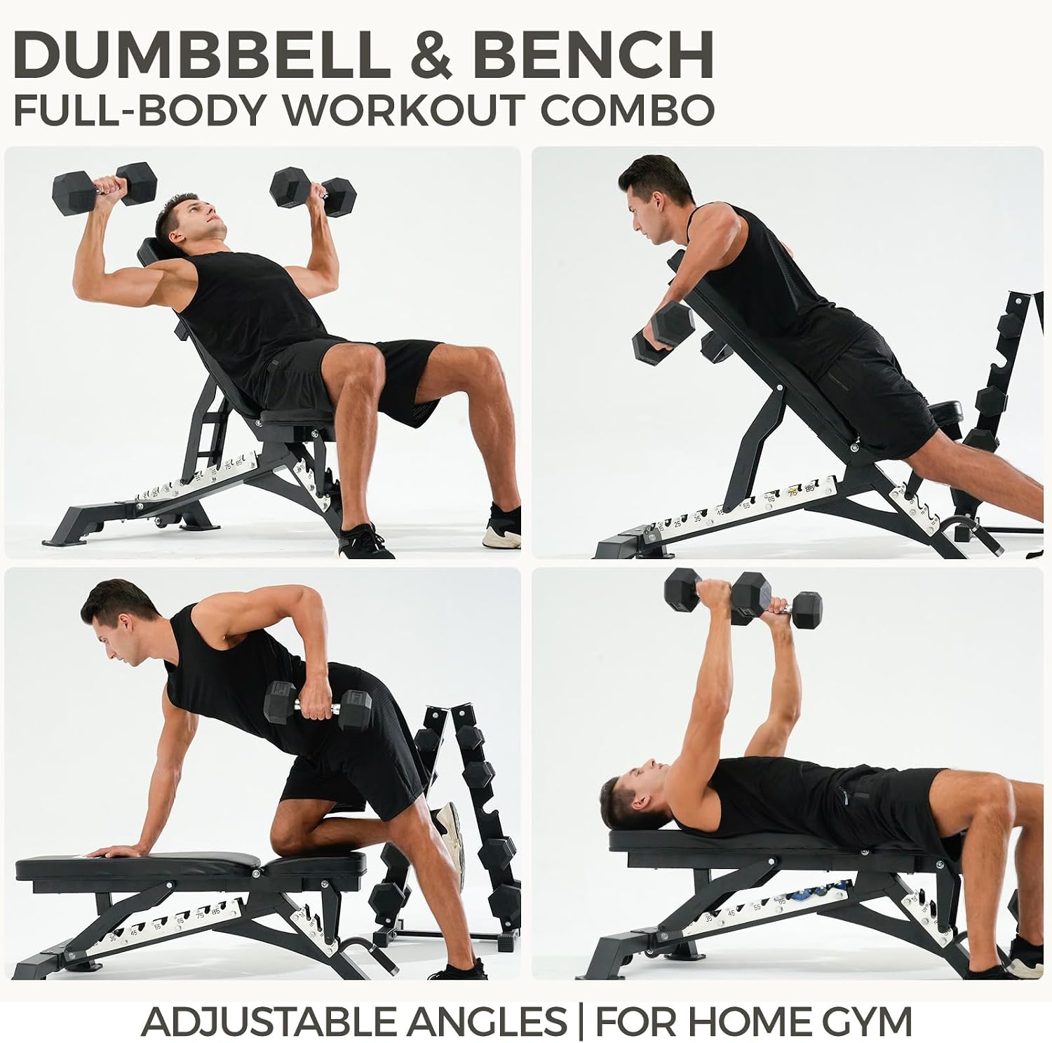RITFIT 300/350/650LBS Rubber Coated Hex Dumbbell Set with Rack and Multi-Position Weight Bench, 1300LB Capacity for Full Body Workout