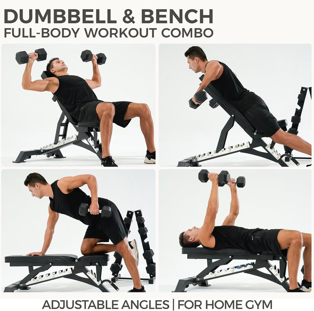 RITFIT 300/350/650LBS Rubber Coated Hex Dumbbell Set with Rack and Multi-Position Weight Bench, 1300LB Capacity for Full Body Workout