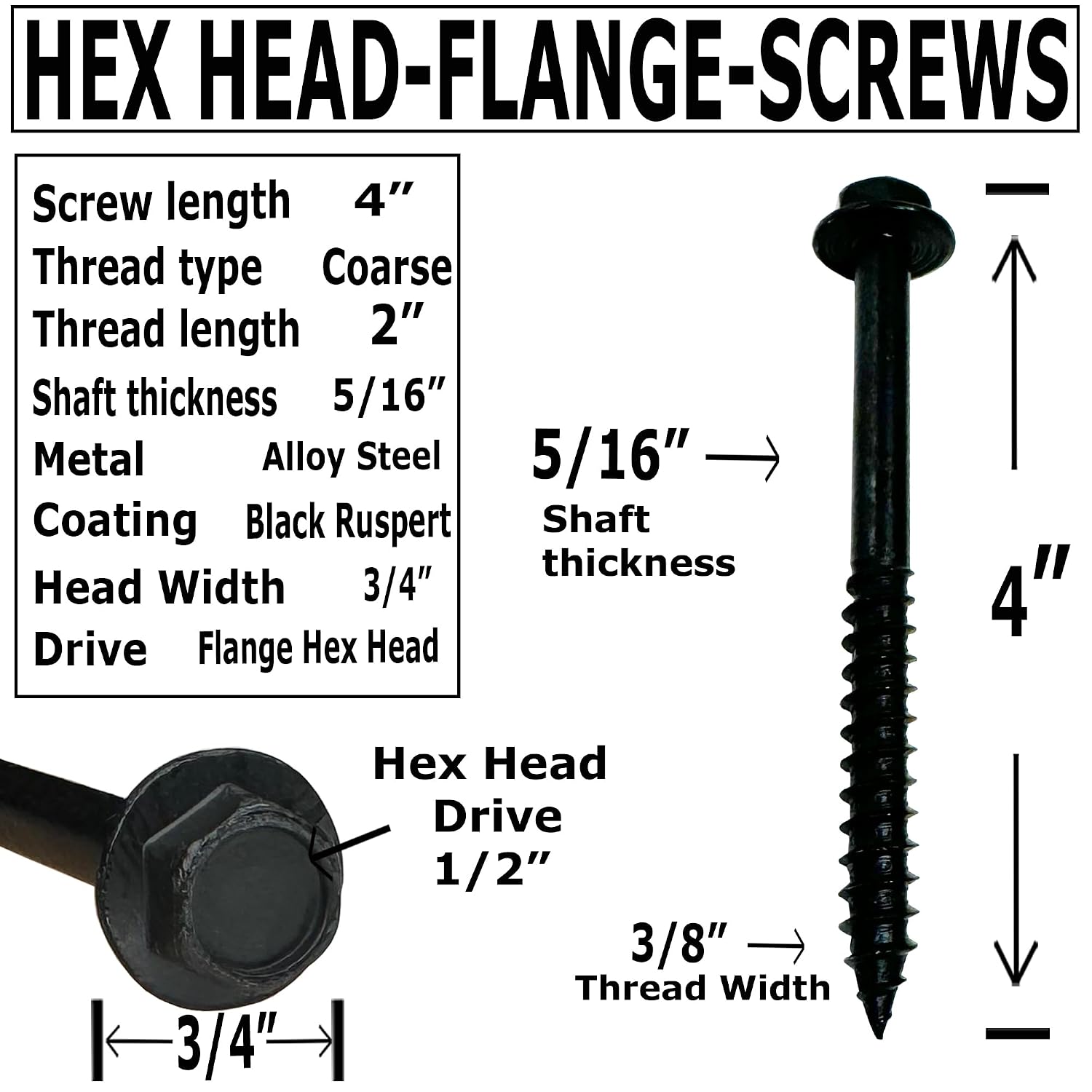 (100) 3/8' X 4' Black Hex Head Lag Wood Screws, Heavy Duty lag Bolts for Timber, Tree Houses, Fences by BRAUNY BOY HARDWARE -Qty 100