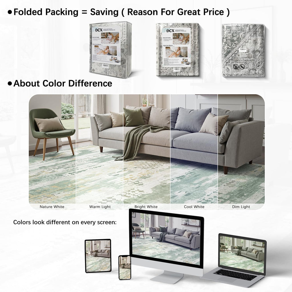 DCX Abstract Area Rug 10x14, Washable Sage Green Modern Rug for Living Room, Kid & Pet Friendly with Rubber Back Non Slip, Soft Low Pile Carpet, Stain Resistant Rug for Bedroom, Office, Dining Room