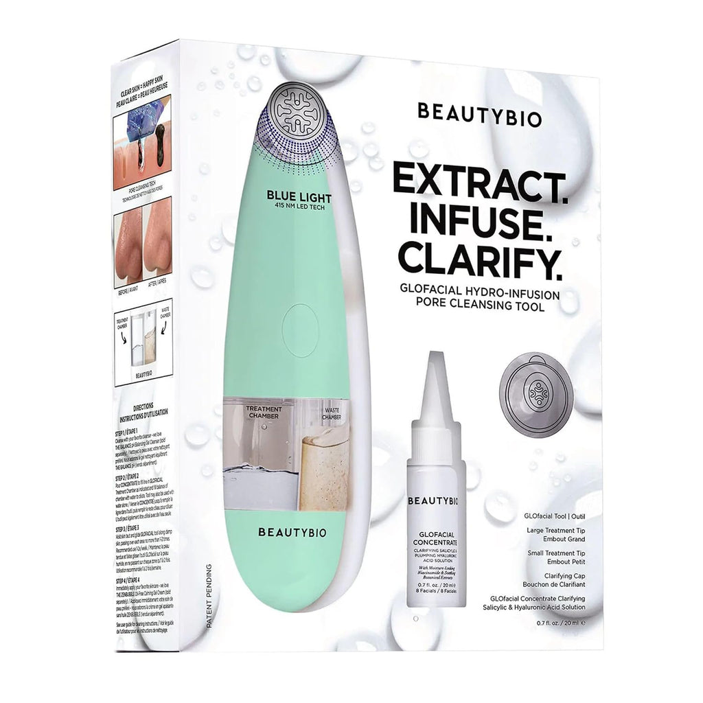 BeautyBio GLOfacial Hydro-Infusion Deep Pore Cleansing + Blue LED Clarifying Set: Tool + Concentrate