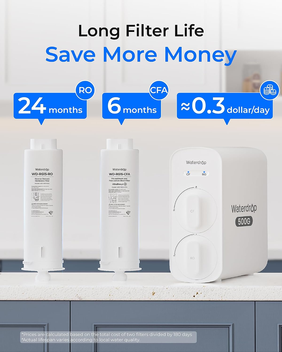 Waterdrop G5P500A Alkaline Mineral pH+ Reverse Osmosis Water Filter, NSF/ANSI 58 & 372 Certified, 8 Stage Reverse Osmosis System, 500G RO Water Filtration System, 2:1 Pure to Drain, Reduces TDS