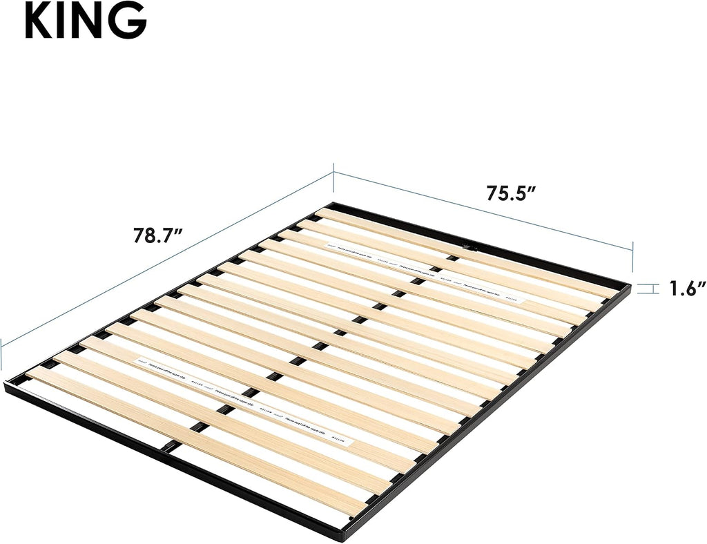 Mellow 1.6 Inch Metal Bunkie Board Mattress Support with Wood Slats for Bed Frames, Box Spring or Bed Slat Replacement, Easy Assembly, King, Black