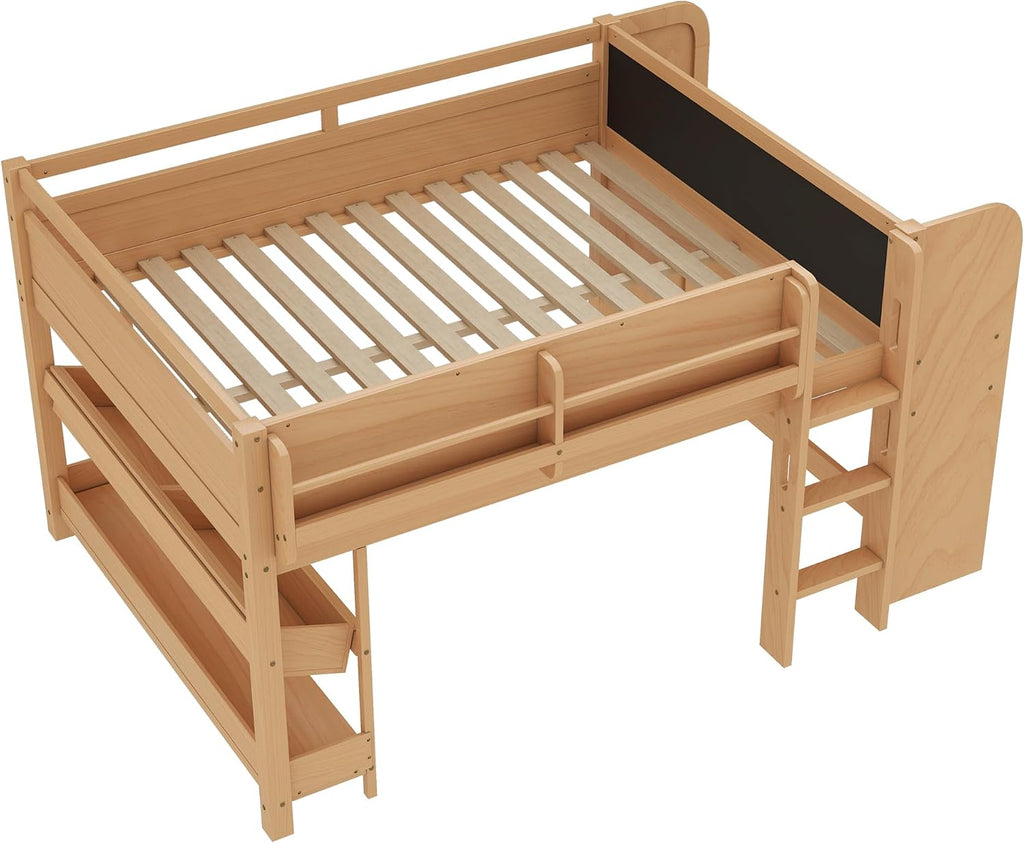 MERITLINE Full Loft Bed with Desk & Blackboard, Twin Multi-Functional Bed with Storage, All-in-One Study & Play Design (Natural)