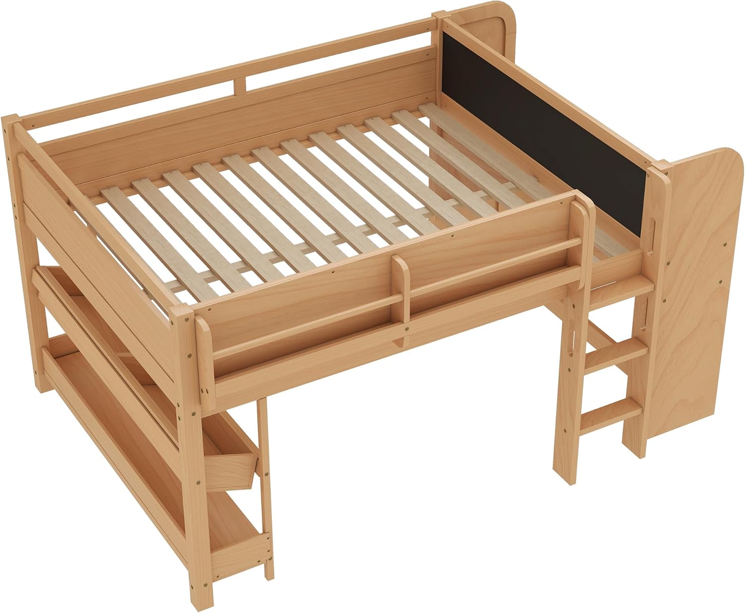 MERITLINE Full Loft Bed with Desk & Blackboard, Twin Multi-Functional Bed with Storage, All-in-One Study & Play Design (Natural)