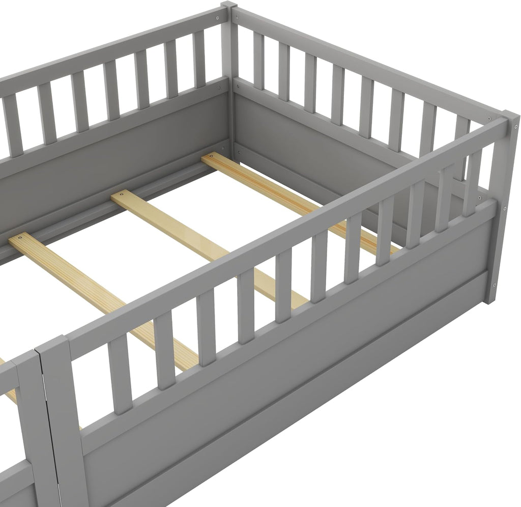 Twin Size Floor Bed with High Fence, Door and Slats, Twin Floor Bed with Slats(Gray Twin)