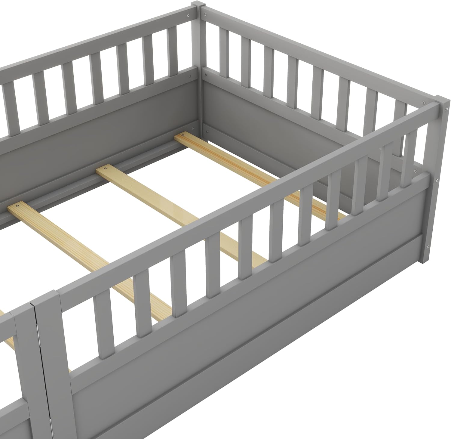 Twin Size Floor Bed with High Fence, Door and Slats, Twin Floor Bed with Slats(Gray Twin)