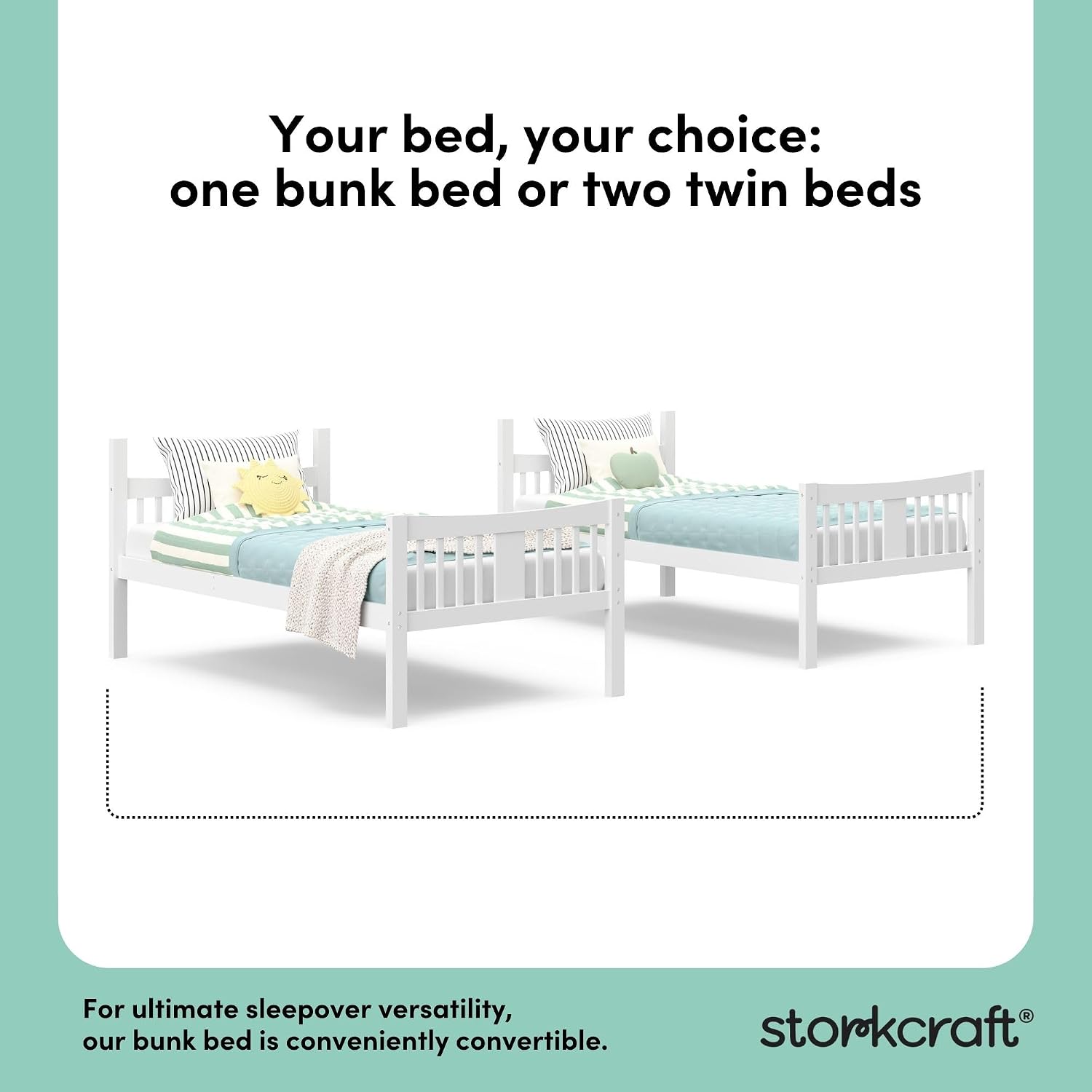 Storkcraft Caribou Bunk Bed Twin Over Twin Bunk Bed (White) - GREENGUARD Gold Certified, Twin Bunk Beds for Kids, Converts to 2 Individual Twin Beds, Bunk Beds for Kids