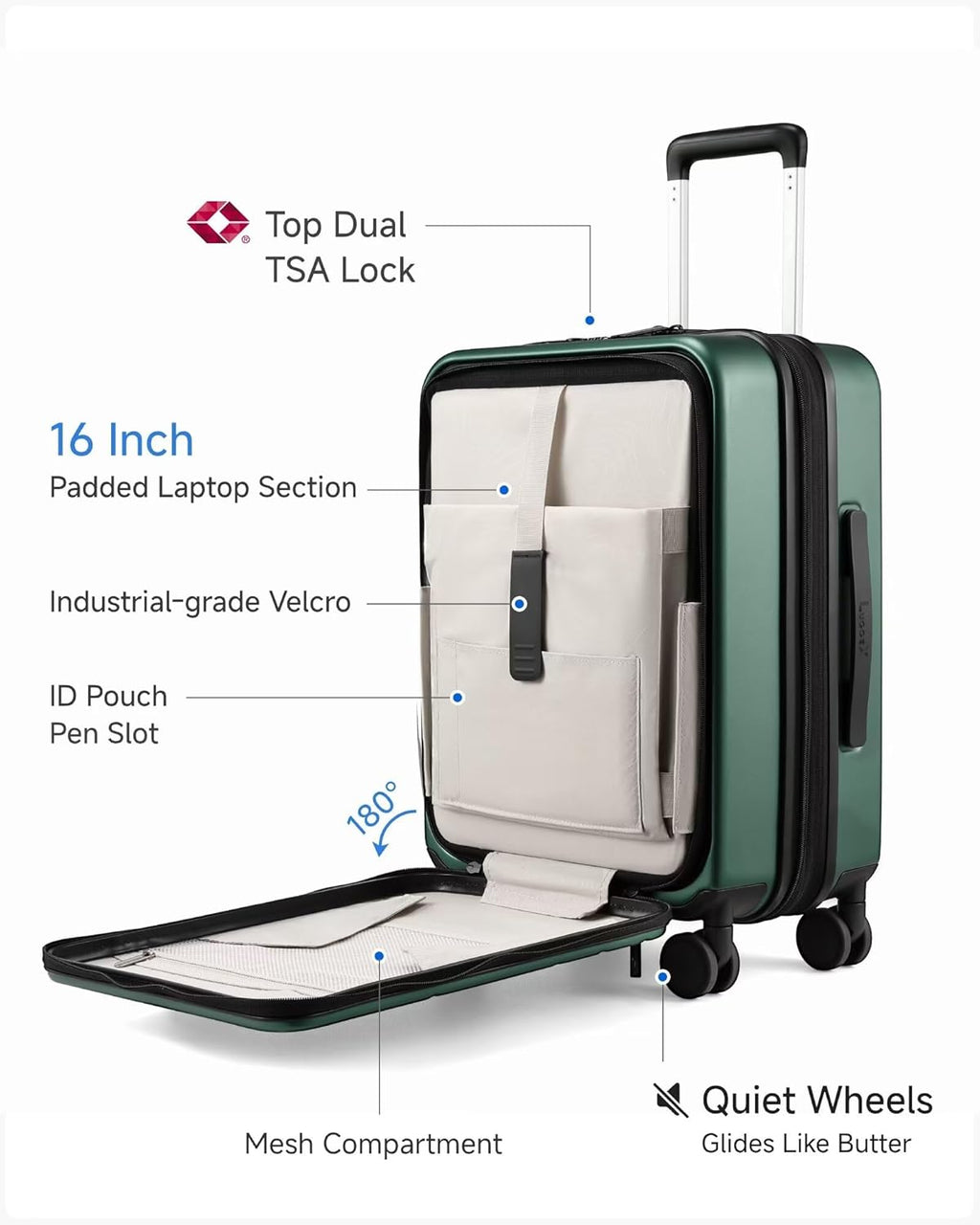 LUGGEX Carry On Luggage 22x14x9 Airline Approved, Expandable Polycarbonate Suitcase with Front Pocket (FX-Core, Green, 20 Inch)