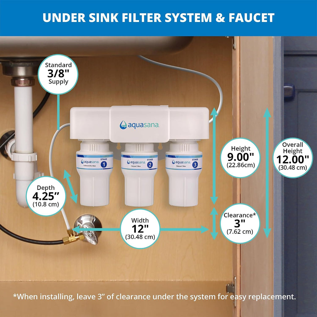 Aquasana Under Sink Water Filter | 3-Stage Filtration | Certified to Reduce up to 99.99% of PFAS, Lead, Chlorine, & More | Under Counter Drinking Water Filter | Brushed Nickel Faucet | AQ-6300-BN