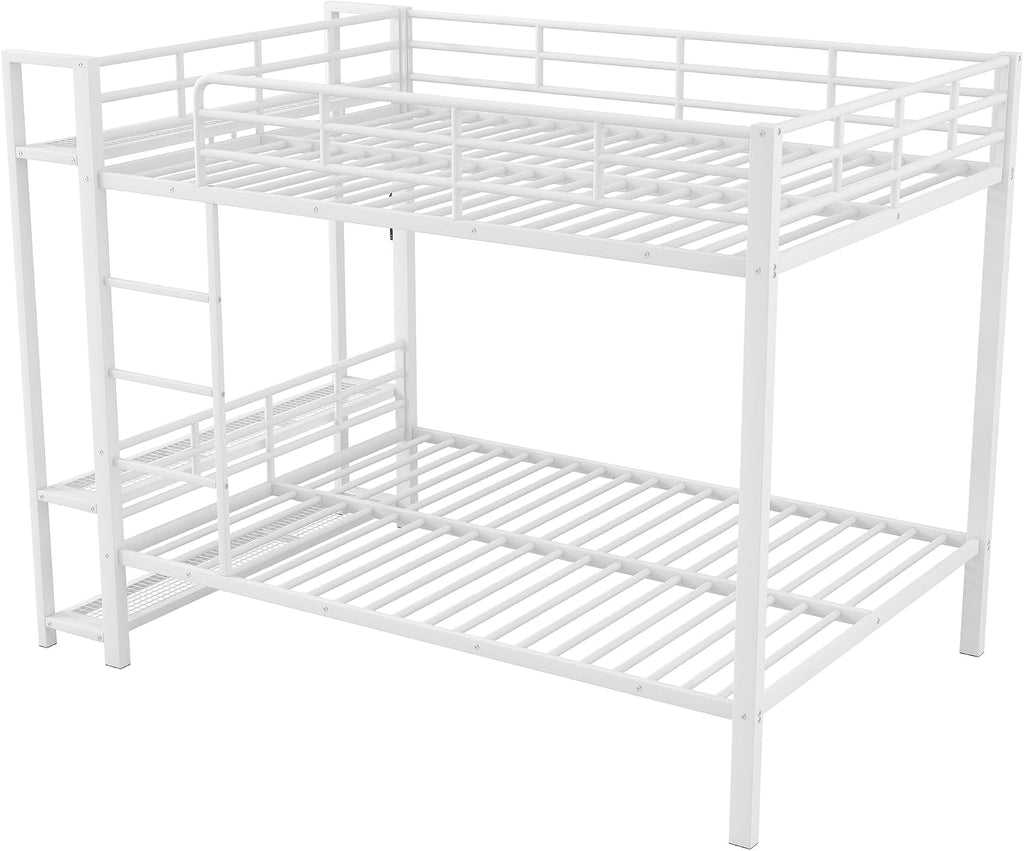 Metal Bunk Bed with Storage Mesh Shelves and Clothes Hooks, Open Storage Shelves, Full Size Bunk Bed with Full-length Reinforced Guardrails for Teens and Adults, No Box Spring Needed (White//96)