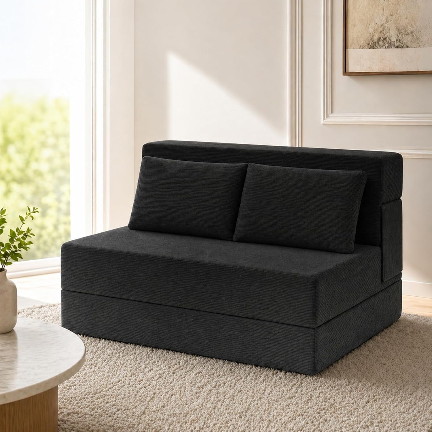 Folding Sofa Bed,Convertible Sleeper Chair with Pillow, Loveseat Fold Out Chair Bed, Memory Foam Floor Couch Mattress, Foldable Futon Couch Lounge for Living Room(Black-Corduroy, Twin XL)