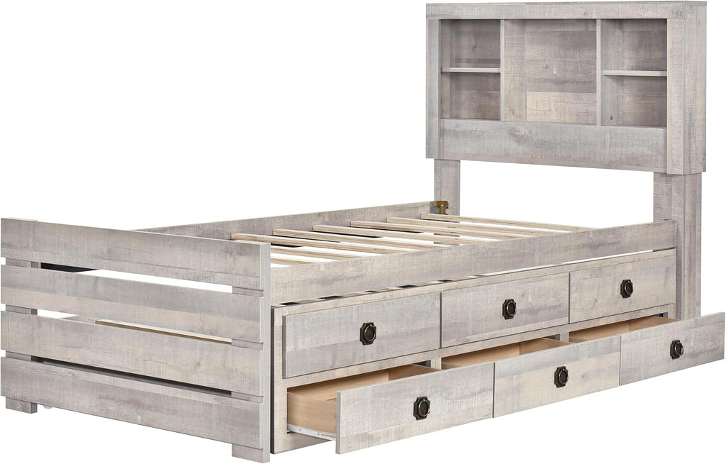 GOWE 2 Pieces Bedroom Sets Farmhouse Style Twin Size Bookcase Captain Bed and Nightstand, Rustic White