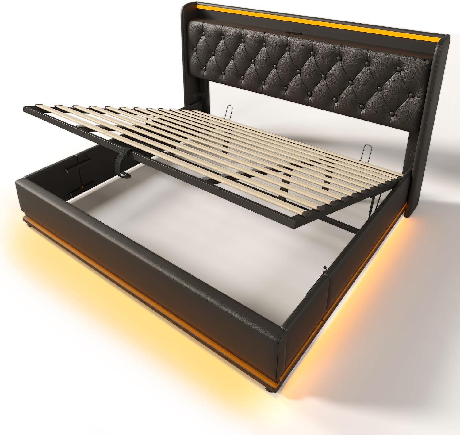 Twin Size Upholstered Bed Frame with 360° LED Lights, Hydraulic Storage, USB Charging, Modern Platform Bed with Headboard, Remote App Control for Teen, Guest Room, Small Space (Black + King)