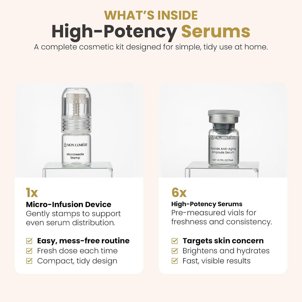 Mon Lumiere Micro Infusion System for Face – Gold Spring-Loaded Facial Stamp with PDRN & Peptides – At-Home Skincare Kit for Glow, Smoother-Looking Skin & Visible Radiance – 6 Single-Dose Serums