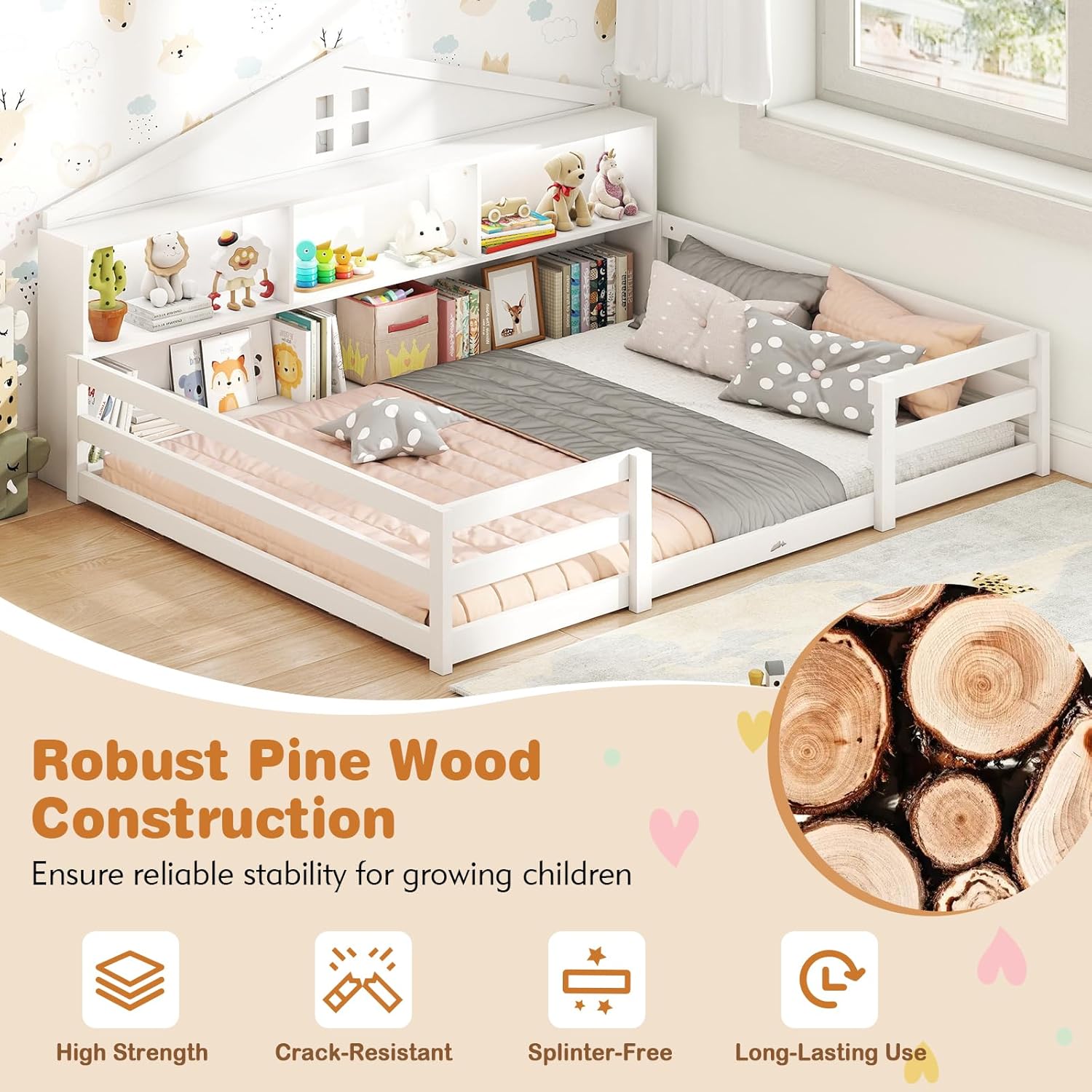 Giantex Full Size Montessori Floor Bed with LED Lights, 2-in-1 Wooden House Bed Frame with Safety Guardrails, Storage Compartments & Shelf, No Box Spring Needed, Without Slats, White