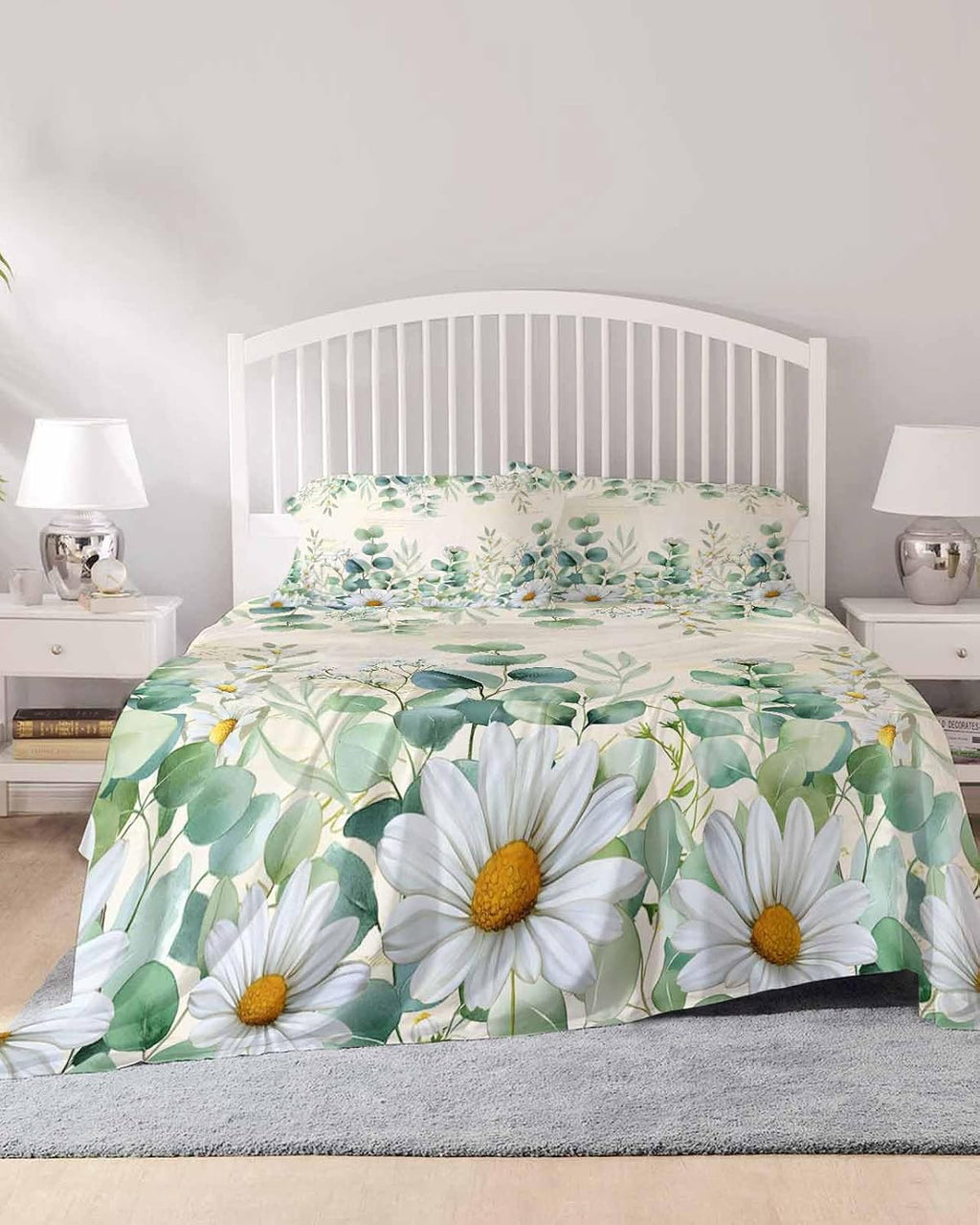 Green Eucalyptus Leaves Cal King Sheet Set 4 Piece Bedding - Daisy Summer Botanical Farmhouse Breathable Comfy Cooling Bed Sheets & Pillowcase Sets, Hotel Luxury Flat Sheets Deep Pockets Fitted Sheet