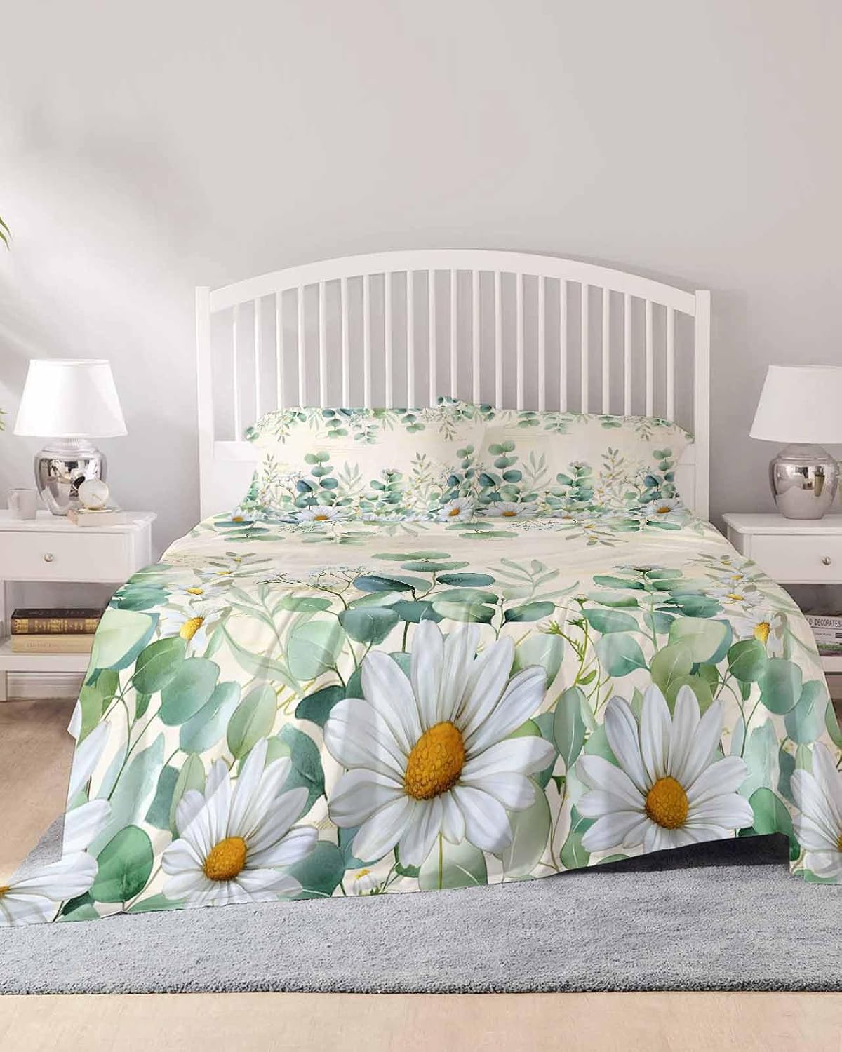 Green Eucalyptus Leaves Cal King Sheet Set 4 Piece Bedding - Daisy Summer Botanical Farmhouse Breathable Comfy Cooling Bed Sheets & Pillowcase Sets, Hotel Luxury Flat Sheets Deep Pockets Fitted Sheet