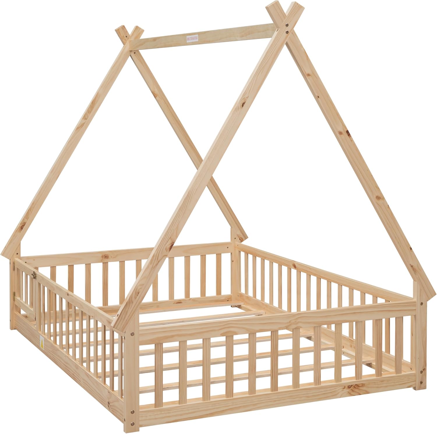 Full Size Tent-Shaped Floor Bed with Door, House Platform Bed Tent Bed Frame with Fence-Shaped Guardrails and Wood Slats Support, Wood Floor Play House Bed for Kids Boys Girls Teens (Natural,2)