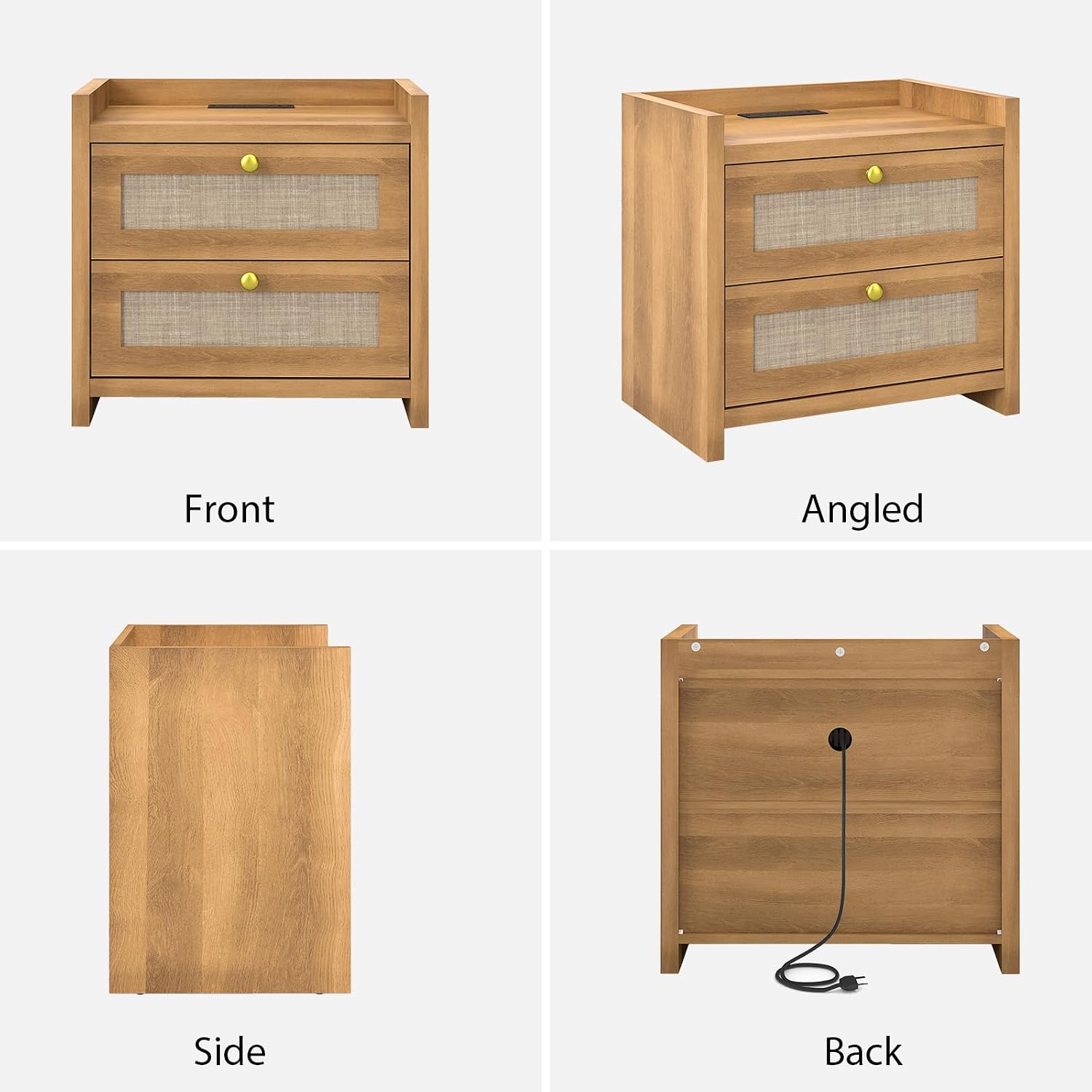 LubanNese 23.6' Nightstand, Boho Wooden Bedside Table with Charging Station for Bedroom, Farmhouse Rustic Large Wide Night Stands with 2 Soft Close Drawers, Oak