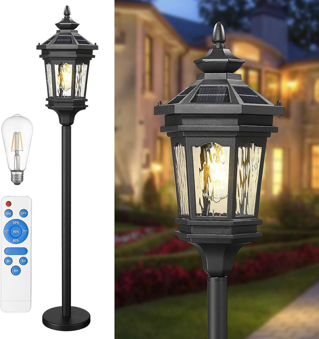 Darkaway Solar Post Light Outside Floor Lamp with Remote Control, Waterproof Outdoor Solar Lighting with Water Ripple Glass Shade for Lawn Pool Garden