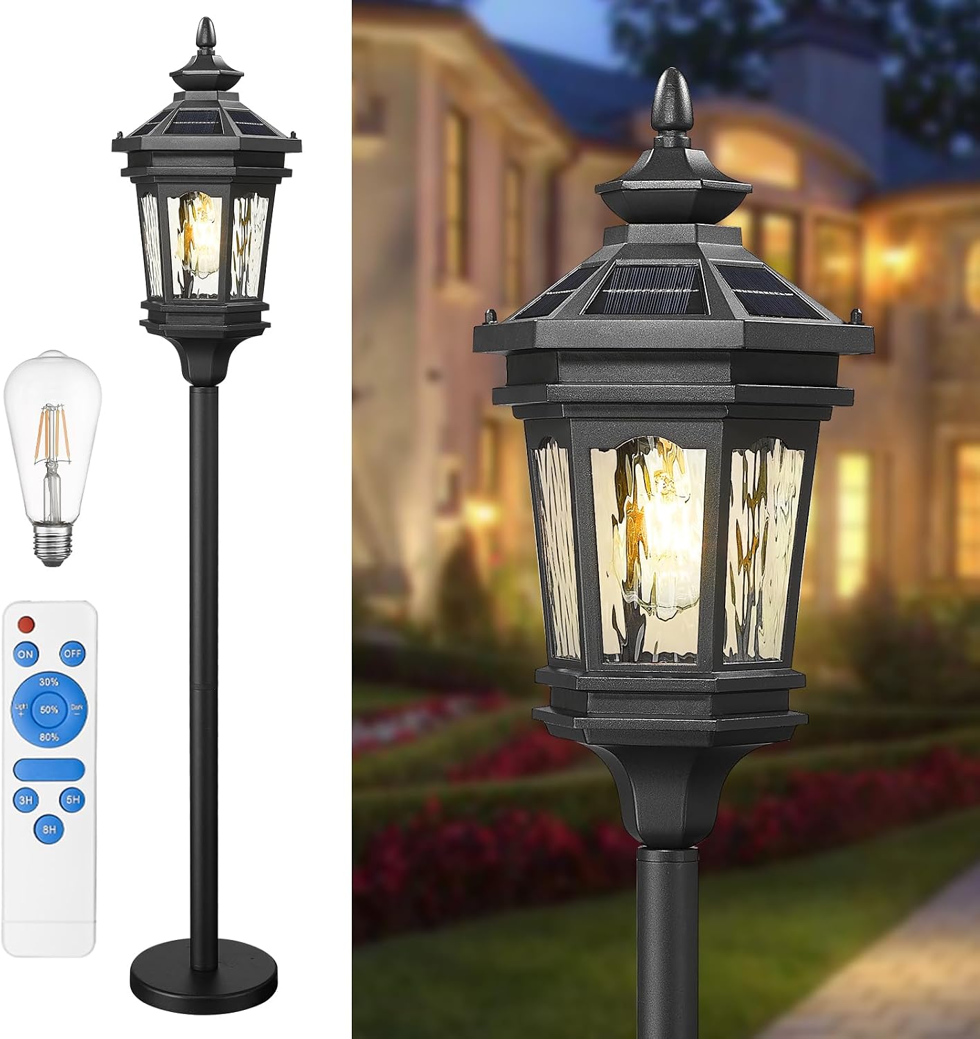 Darkaway Solar Post Light Outside Floor Lamp with Remote Control, Waterproof Outdoor Solar Lighting with Water Ripple Glass Shade for Lawn Pool Garden
